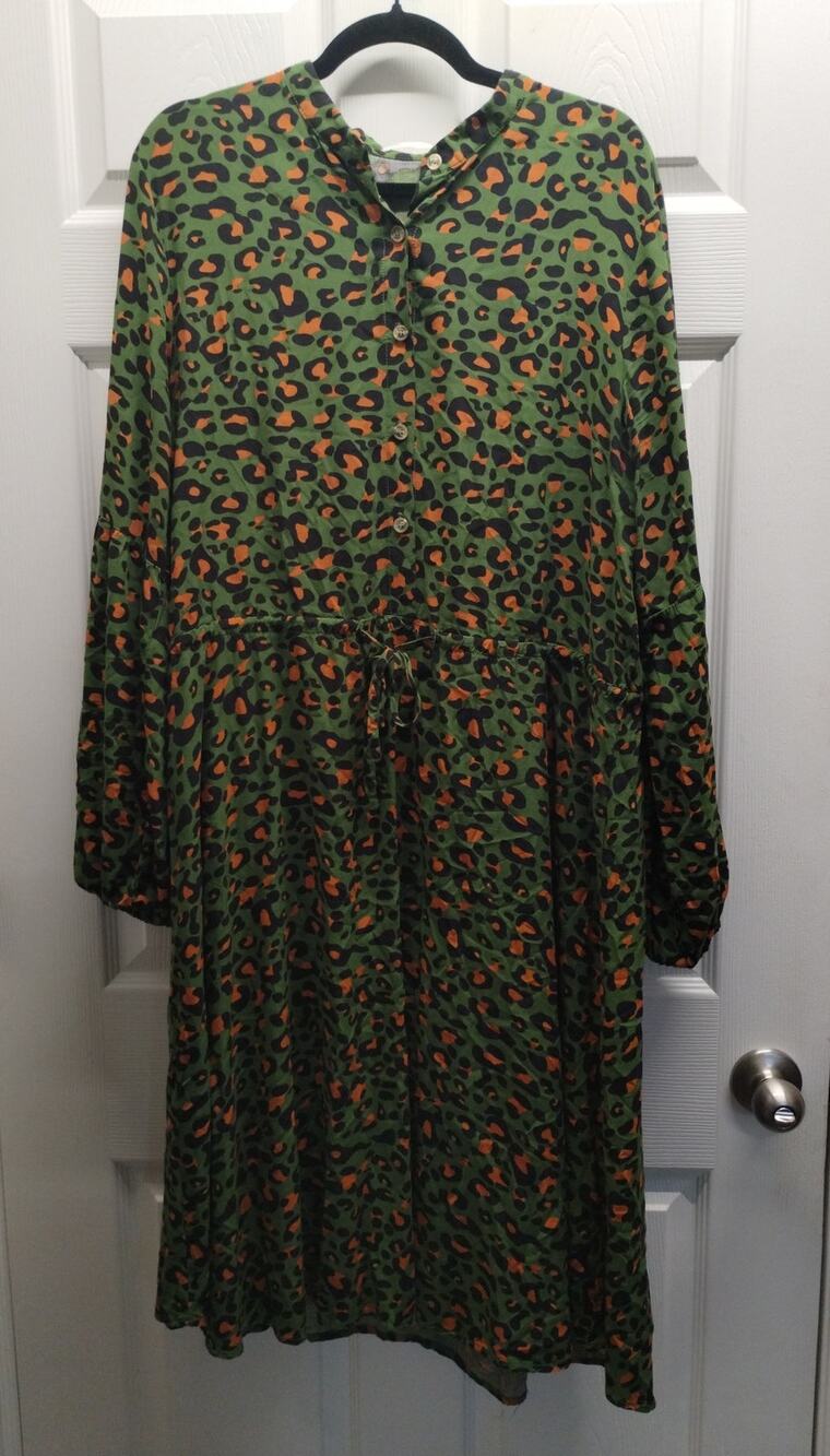 KIRUNDO Women's Size XL Green Orange Leopard Cheetah Long Sleeve Shirt Dress